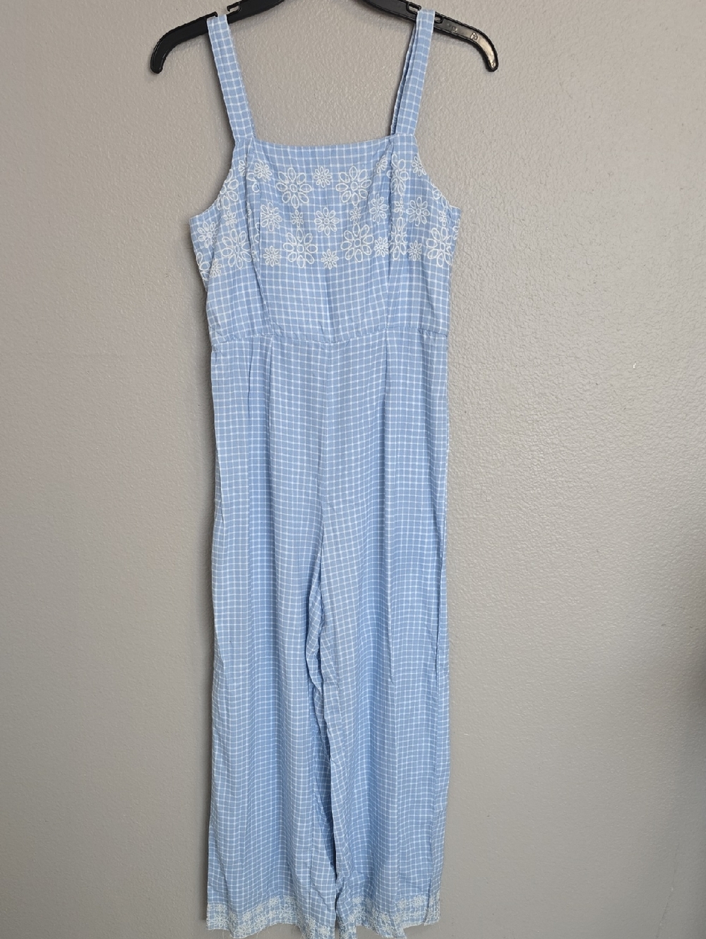 Jessica Simpson Light Blue Gingham Jumpsuit with White Floral Embroidery/ Size S